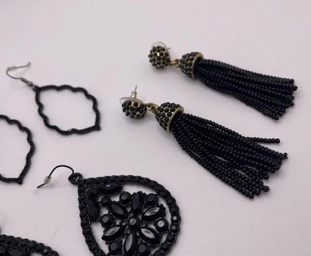 Lot Of 4 Dangle Drop Costume Earrings Pierced Mix Black Bead / Rhinestone Mix - Image 8