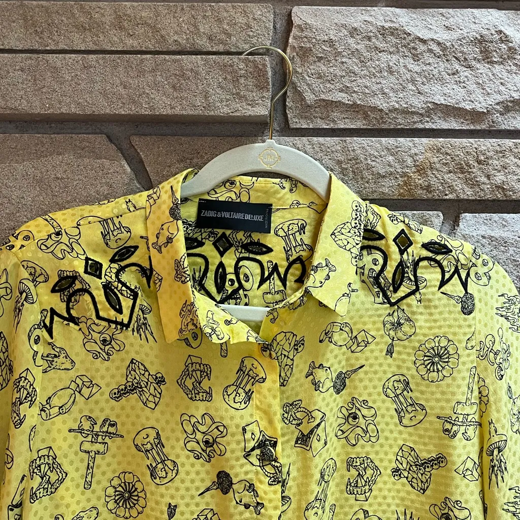 Zadig & Voltaire Tiano Manga 100% Silk Western Button Up Shirt Yellow Black Med - Image 3