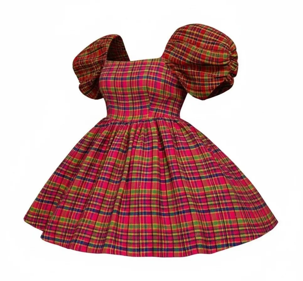 Chic Plaid Puff Sleeve Square Neck Mini Dress Women's Size M Pink Size M - Image 1