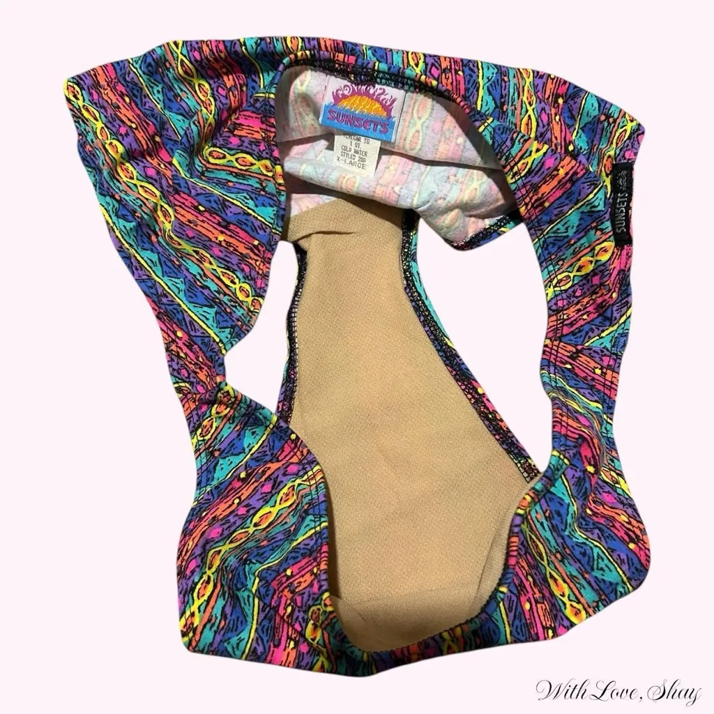 Deadstock 80s/90s vintage colorful retro pattern high leg swimsuit Size L - Image 4