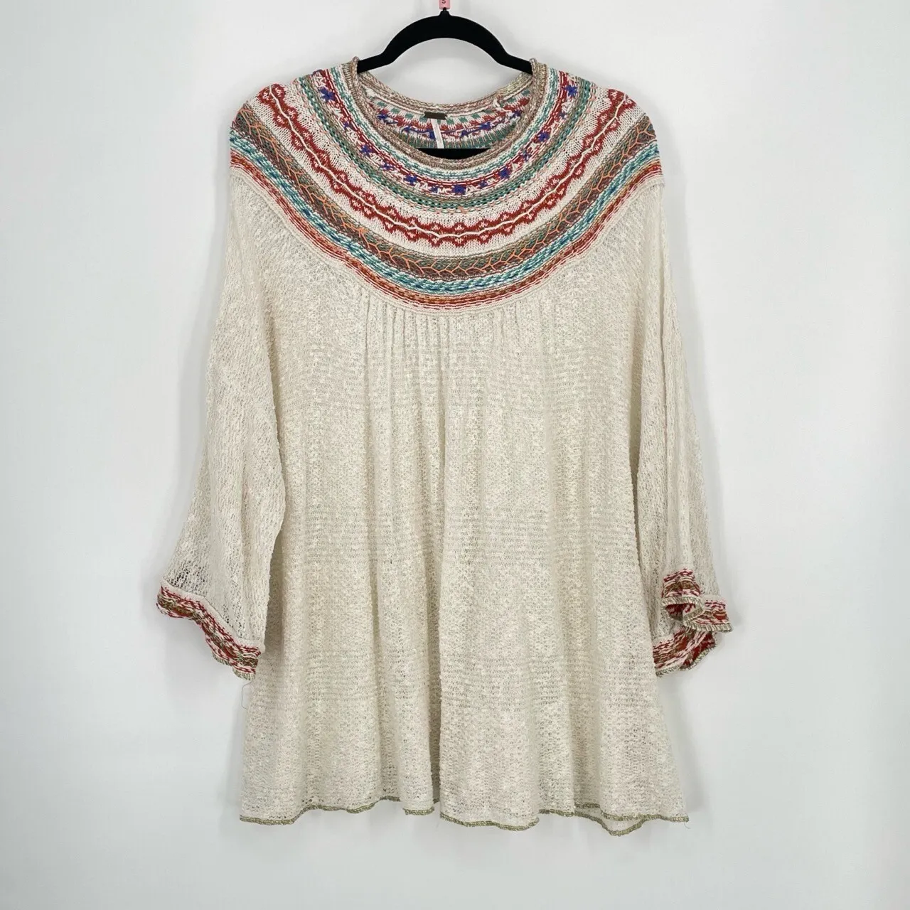 Free People Embroidered Knit Tunic Top Cream Multi Color Bell Sleeve Boho Size S - Image 10