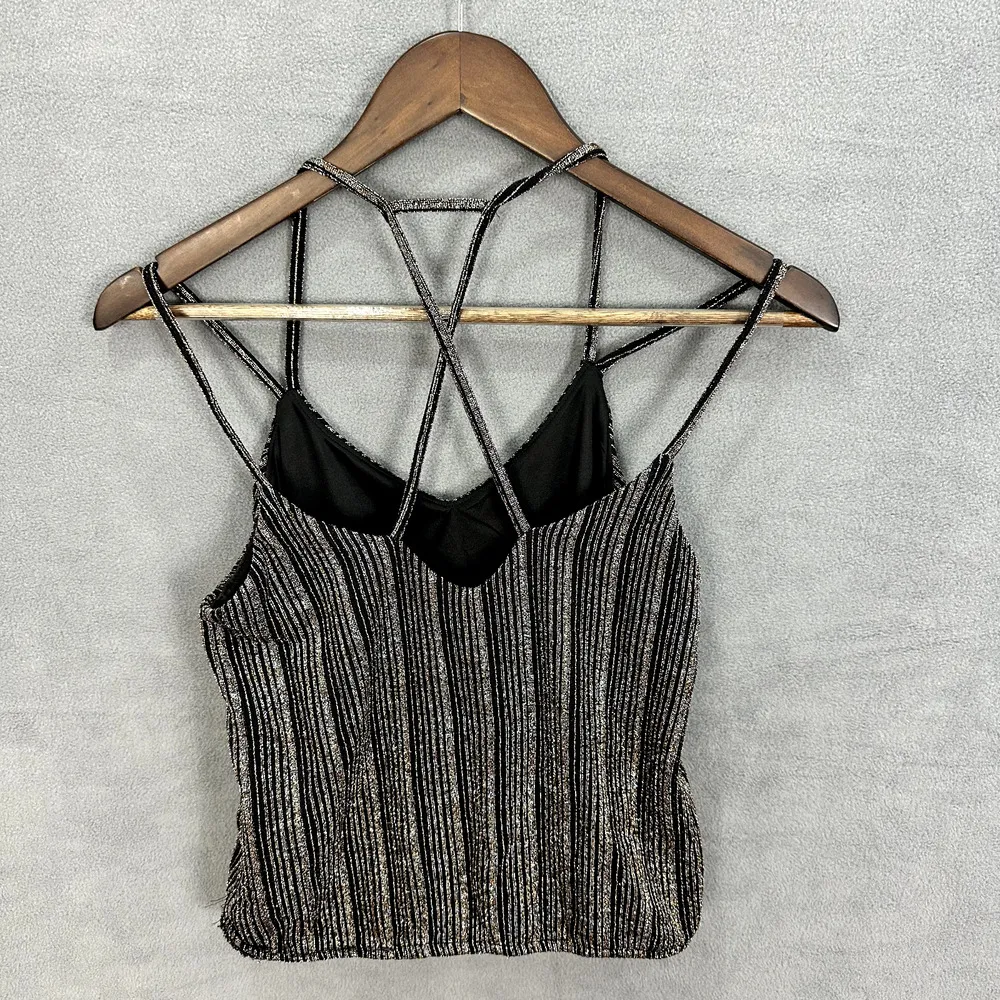 Express Crop Top Womens XS Black Shimmer Metallic Strappy Glam Party‎ Boho Y2K - Image 2