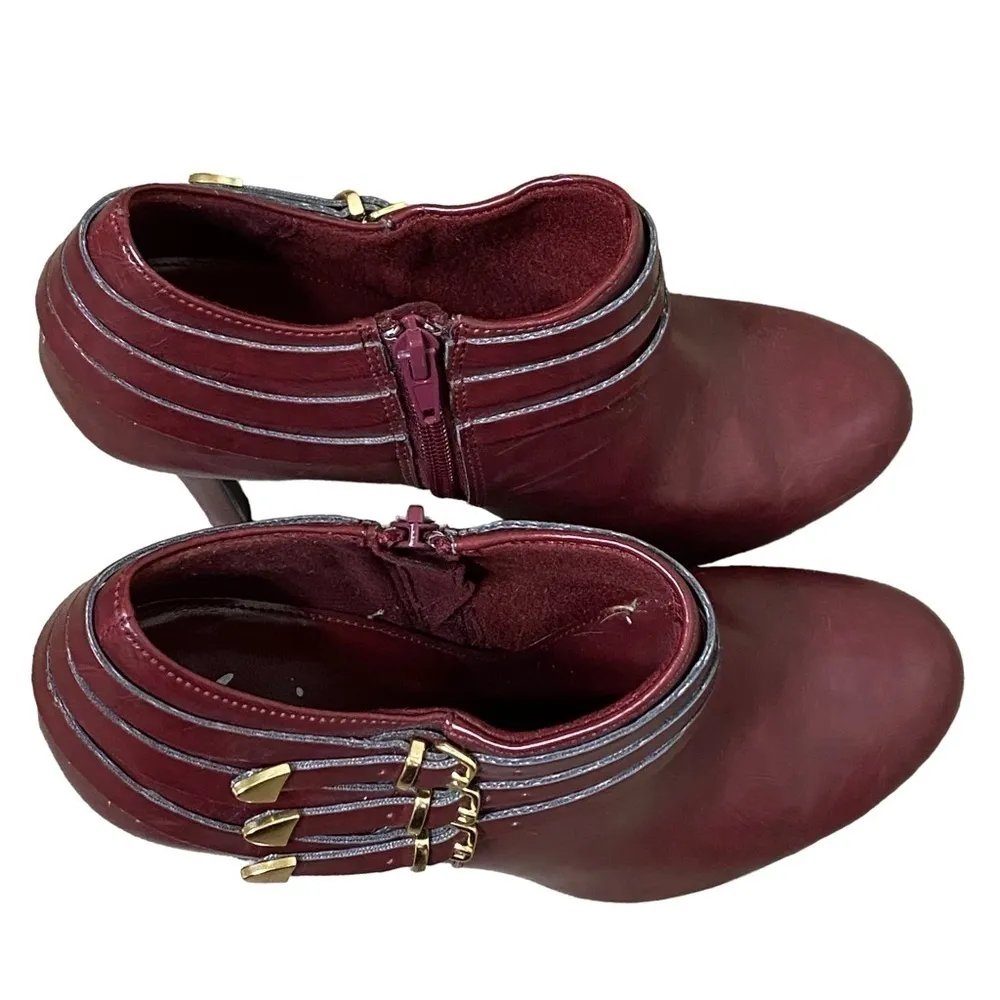 Fioni Burgundy Ankle Booties Size 9 Gold Buckle Stiletto Y2K Party Heels Red - Image 5
