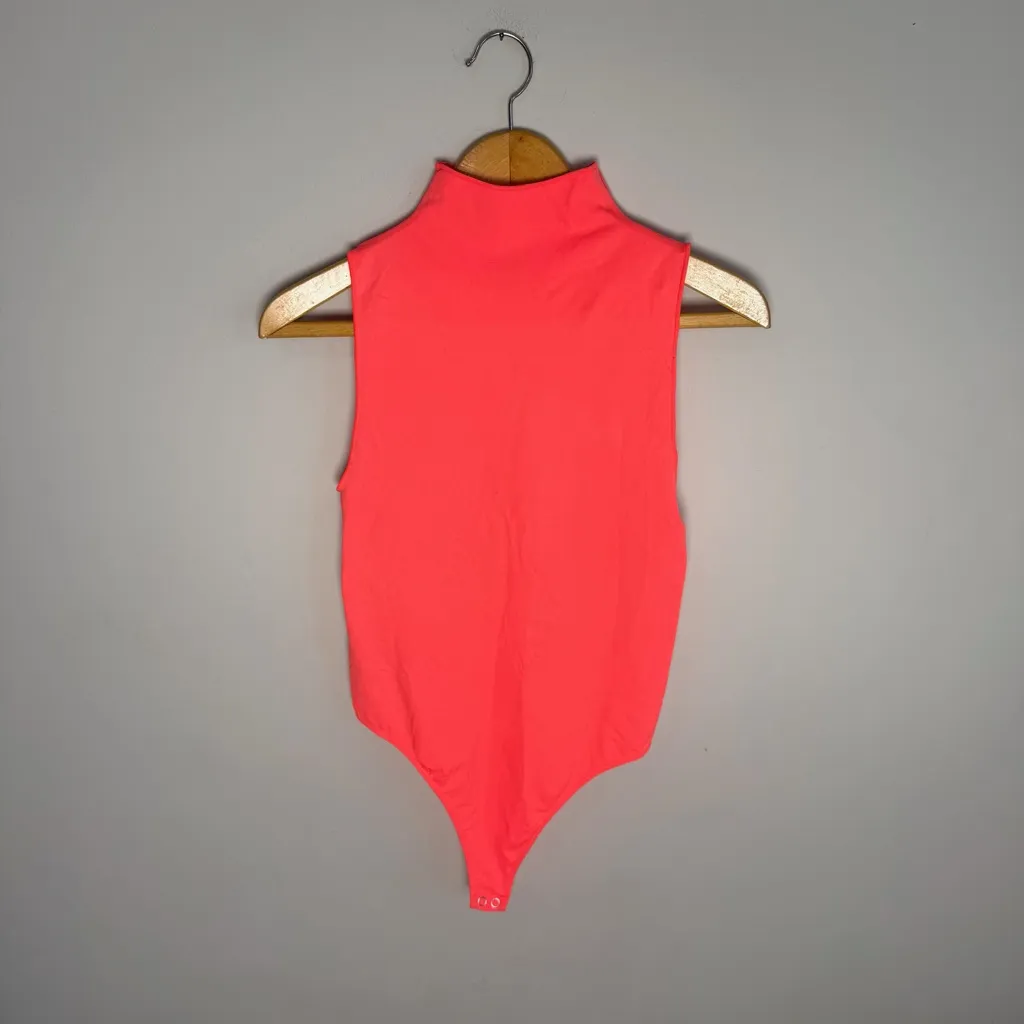 Good American Hot Coral Mock Neck Sleeveless Bodysuit | 3/4 - Image 2