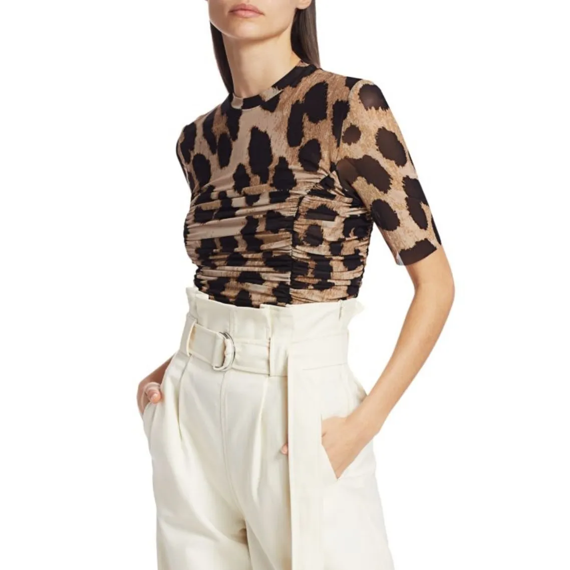 GANNI Leopard Print Mesh Ruched Mock Neck Short Sleeve Top Women's SZ Large 14 - Image 3