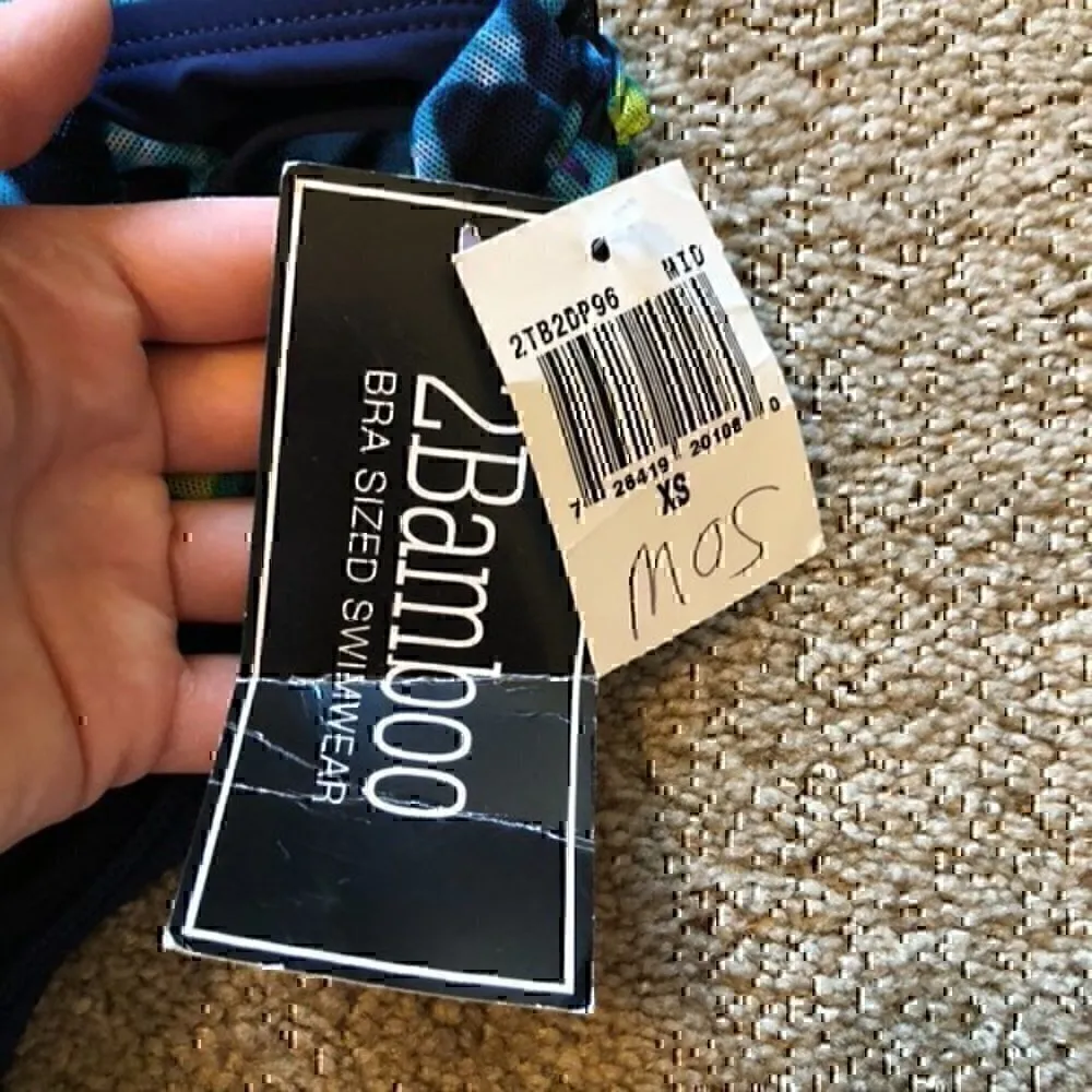 NEW NWT 2BAMBOO Navy Blue Green White Geometric Mesh Waist Boho Bikini Bottom XS - Image 3