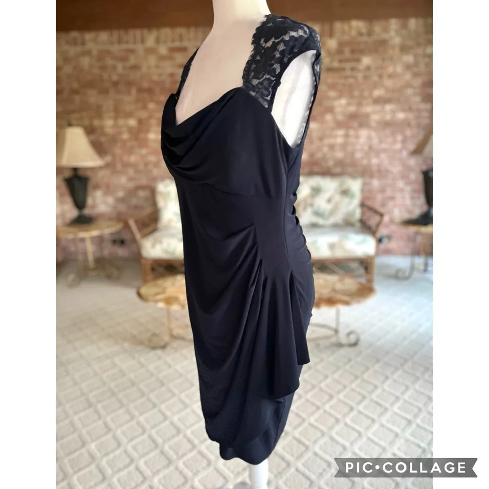 Xscape by Joanna Chen Navy Dress Ruched Lace Cap Sleeve Blue 14 Cocktail Party - Image 7