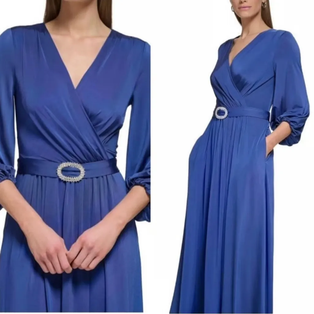 Eliza J Women's Blue Belted  Wrap‎ Jersey  Knit Gown Dress Pockets 4 classic - Image 2