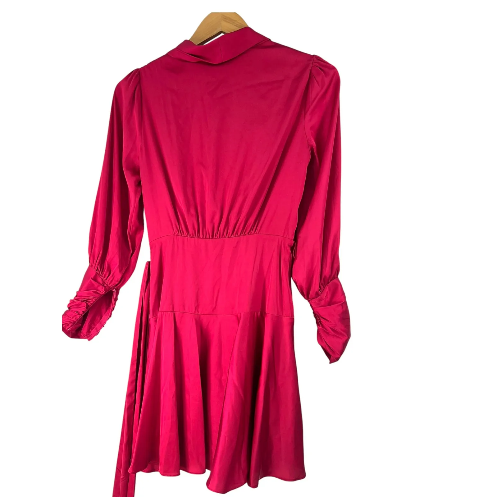 Vicci | XS | Dress Satin Wrap Ruffle Mini Magenta Cuffed Sleeve V Neck Flutter Pink - Image 7