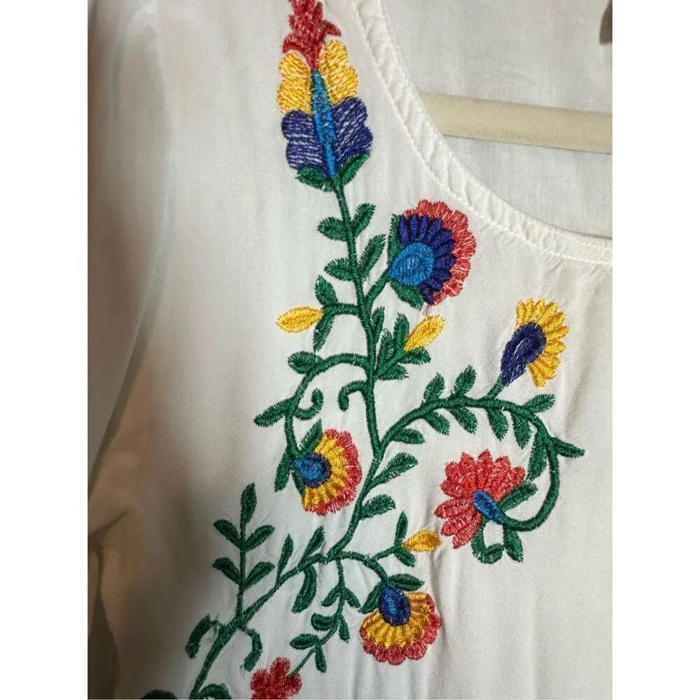 Riviera Sun Rayon Crepe Mini Dress with Multicolored Floral Embroidery Sz S White - Image 11