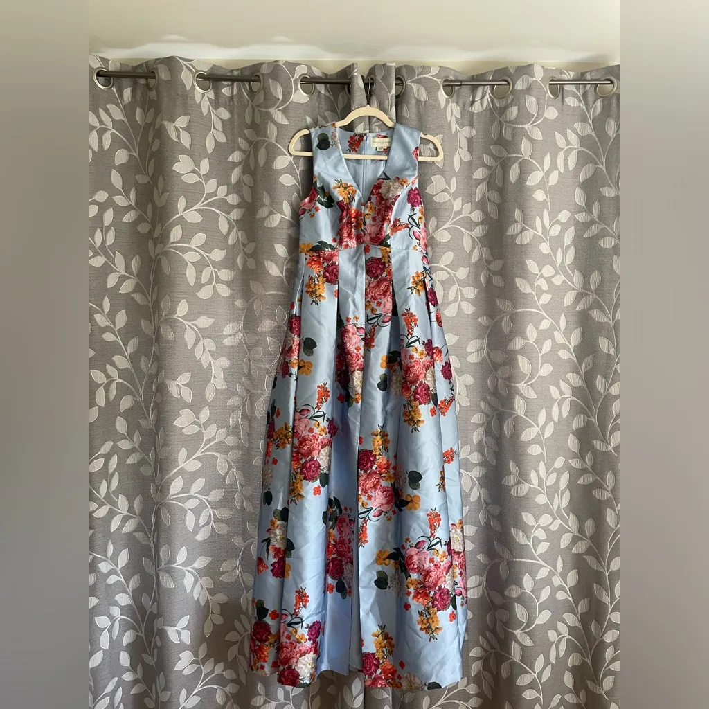 Sachin & Babi Brooke Gown Glacial Blue Bright Floral Print Mikado V Neck Gown Size 4 - Image 5