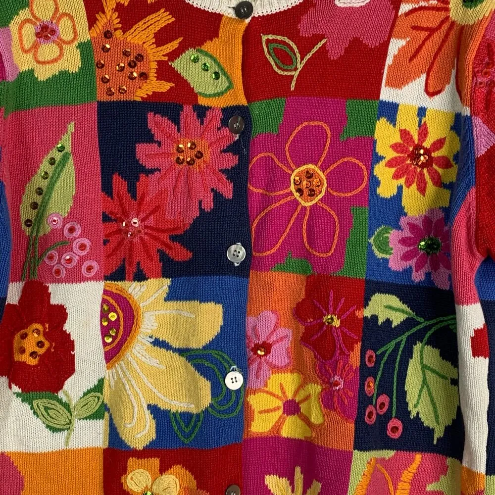 Vtg 90's Knit Top Short Sleeve Sweater Shirt Floral Embroidered Flowers Sz Large - Image 2