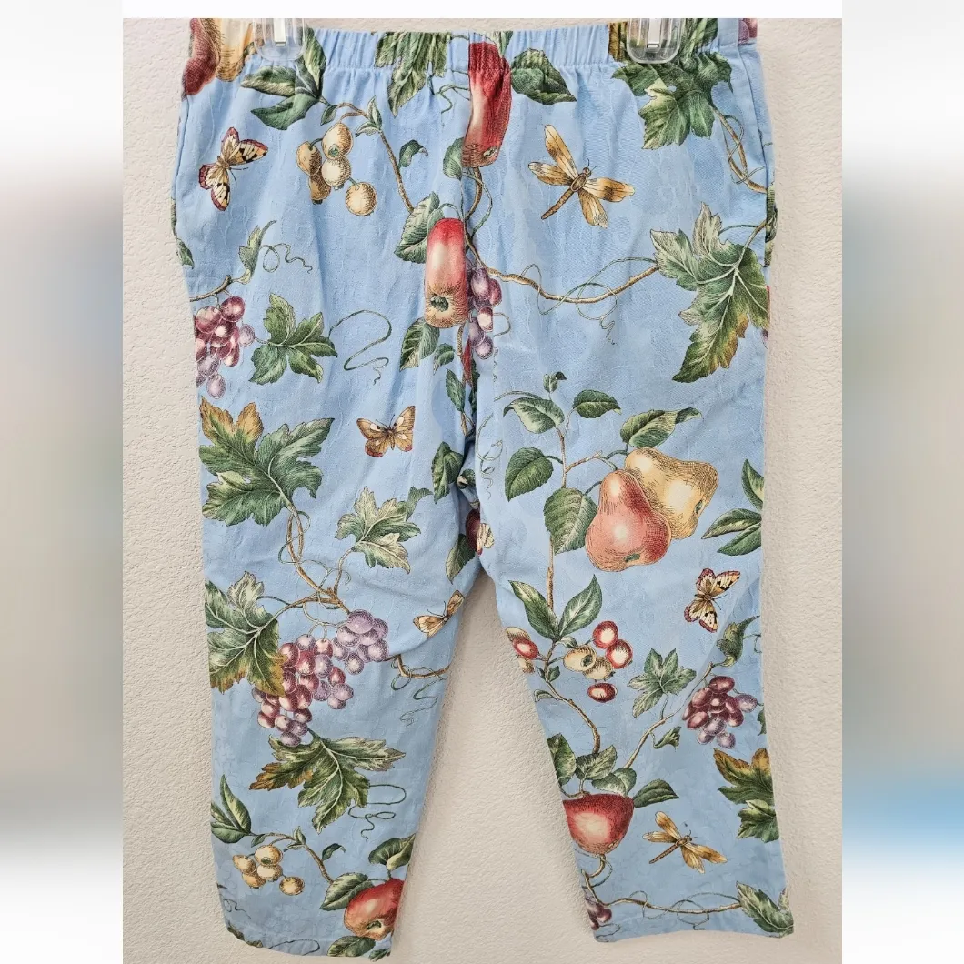 Fenini Botanical Fruit Patterned Light Blue Cotton Capri Pants Size Large Green - Image 2