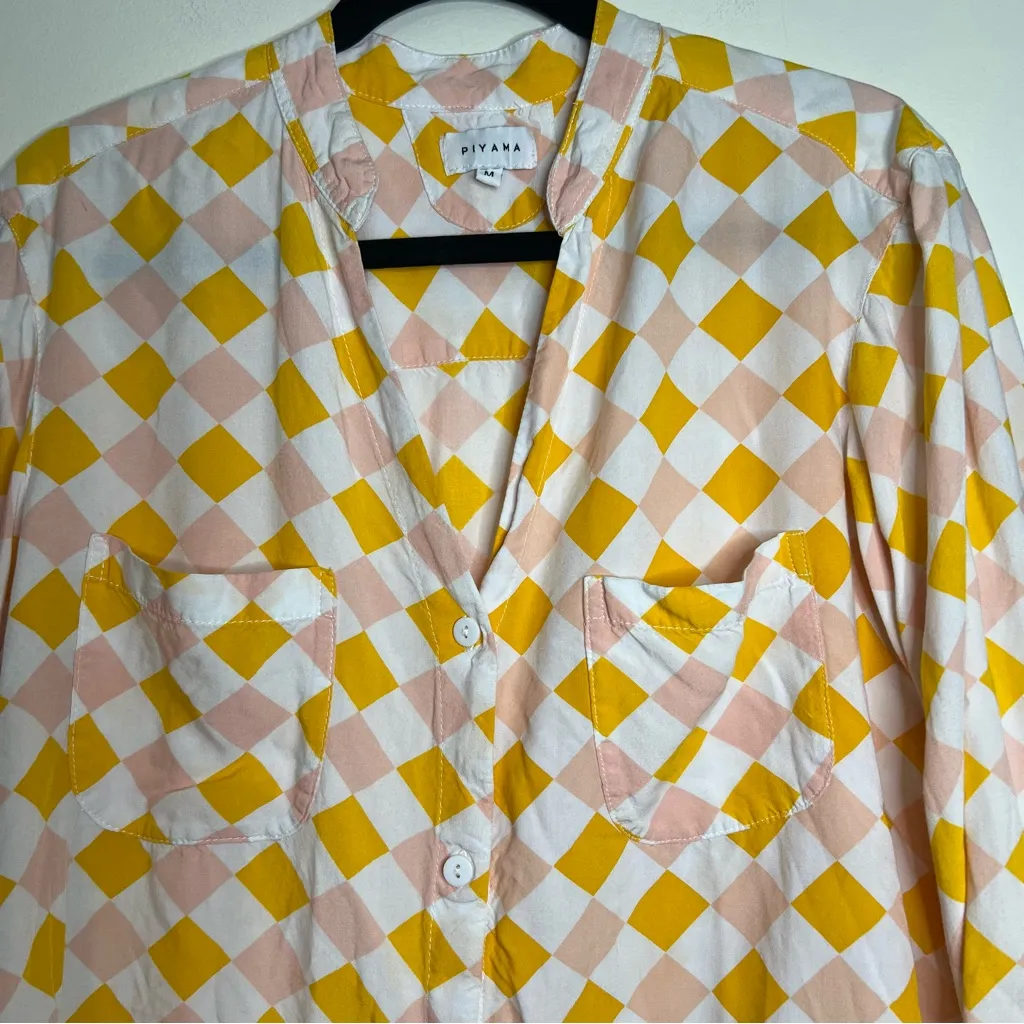 Piyama Checkered Pajama Shirt M Pink Yellow White Button Down 100% Rayon Bali Size M - Image 2