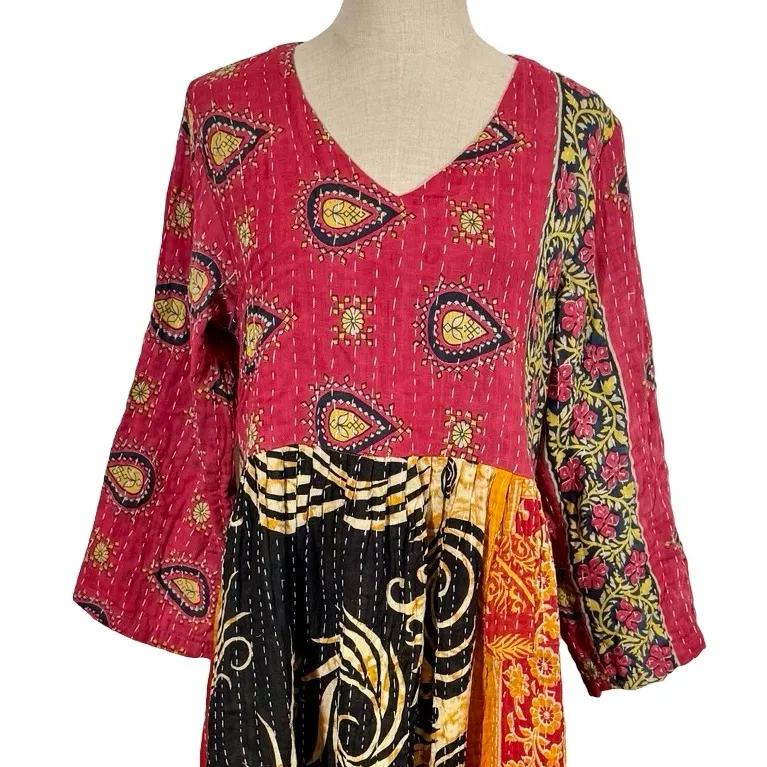 Kantha Long Sleeve Maxi Dress Handmade Boho Paisley Patchwork Red Size undefined - Image 2