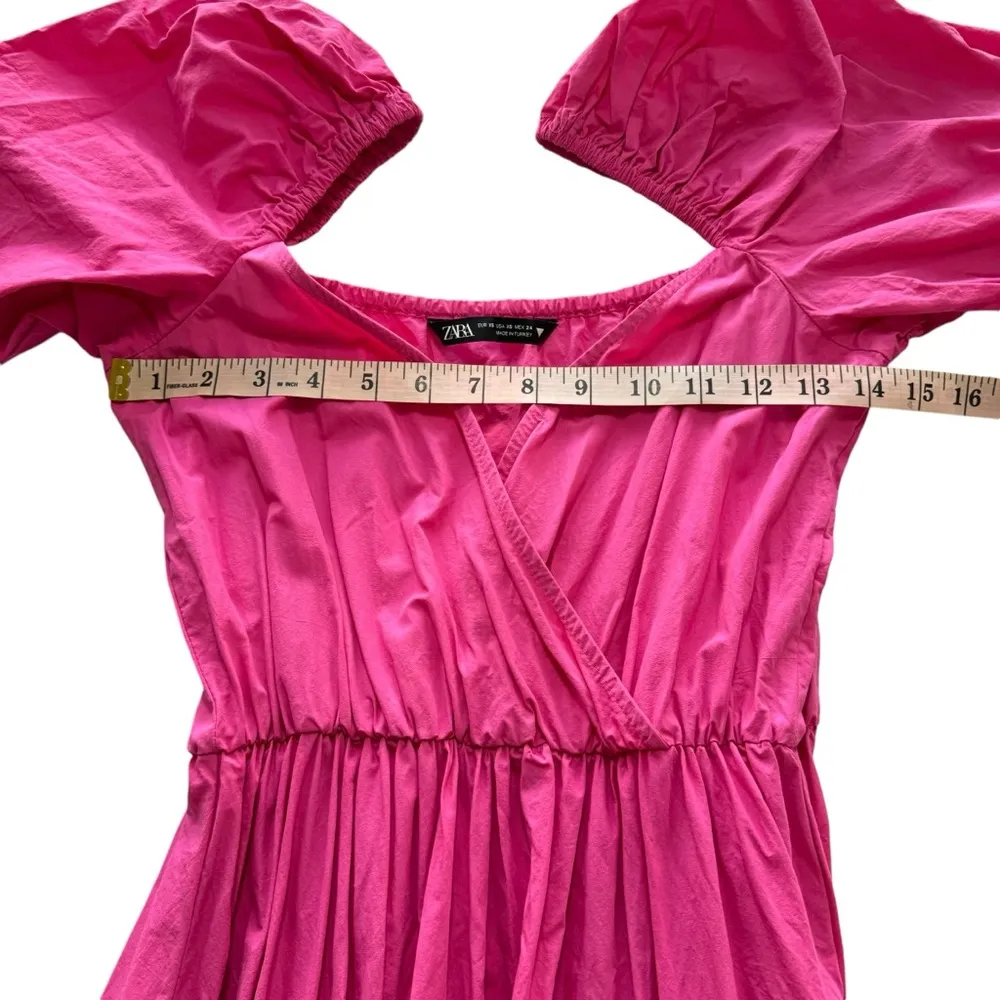 ZARA Hot Pink Puff Bubble Sleeve Tiered‎ Midi Dress Flowy Barbie Feminine XS - Image 3
