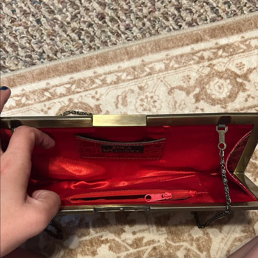 Jessica McClintok Red Crocodile-Embossed Clutch - Image 3