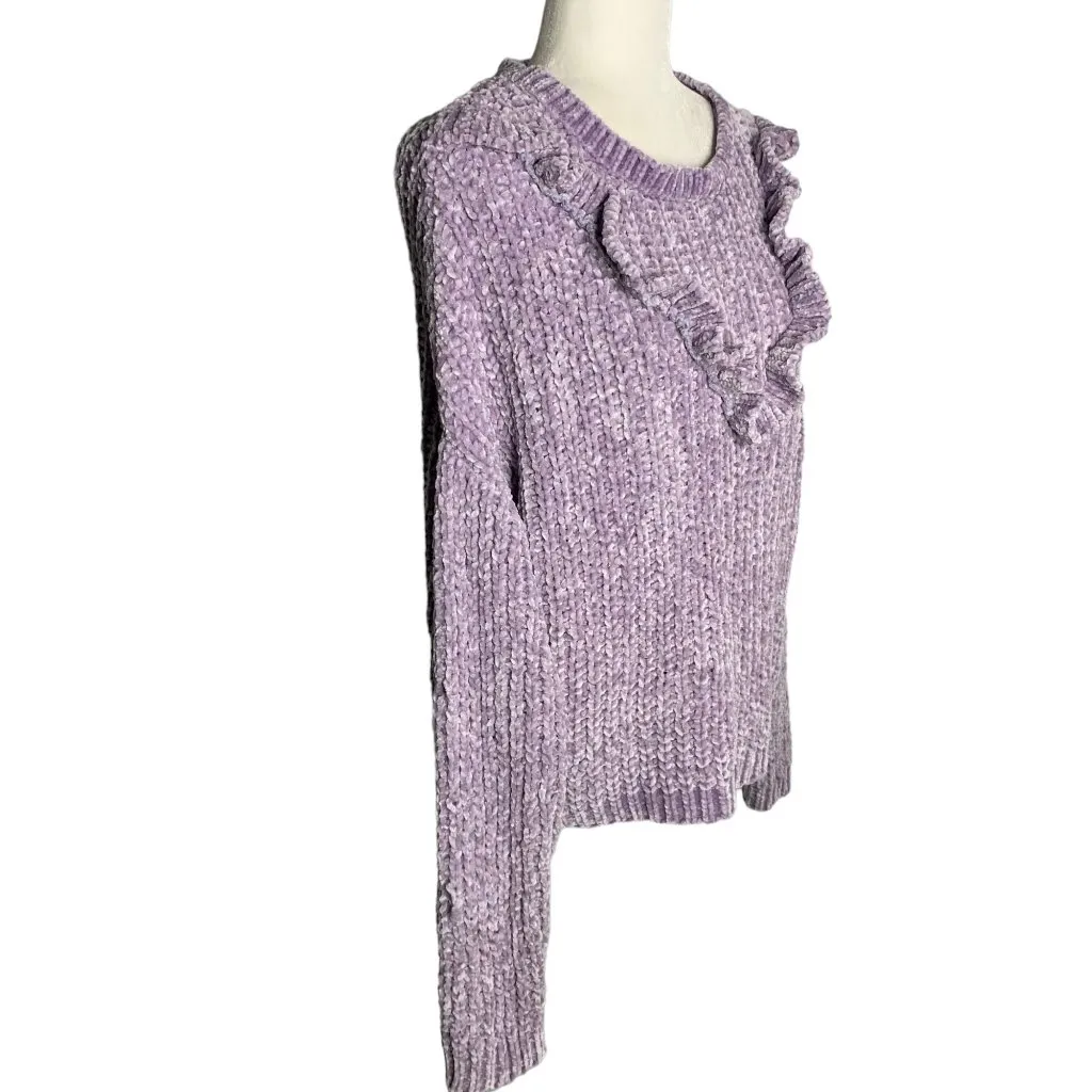 Love at First Sight Chenille Knit Sweater L Purple Dropped Shoulder Ruffle Size L - Image 5