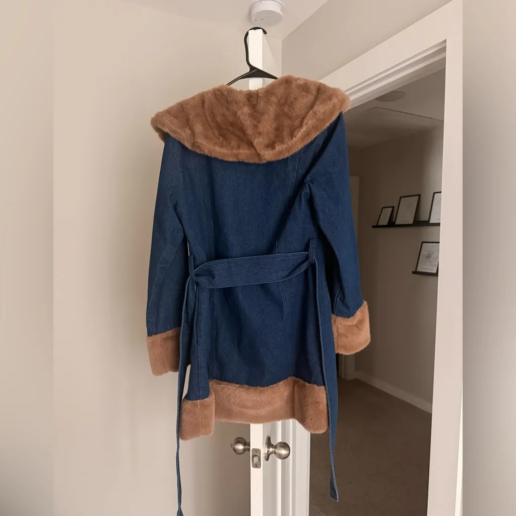 Jean and Brown Faux Fur Coat Blue - Image 4