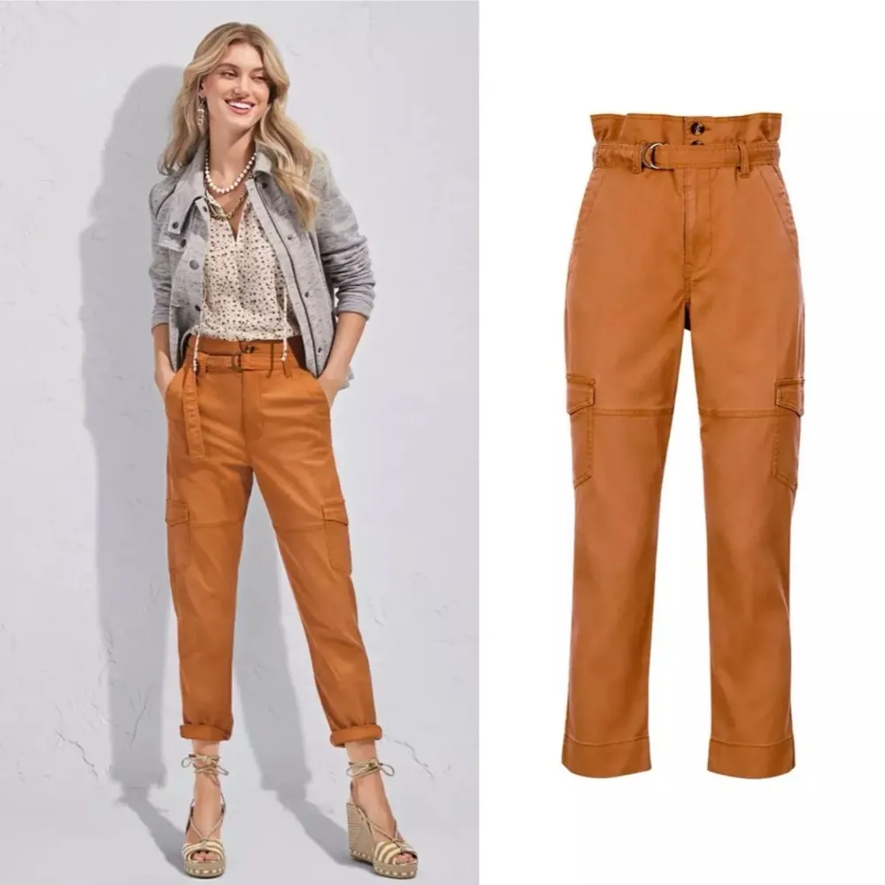 CAbi Paper Bag Waist High Rise Self-Belt Cargo Pants in Cashew Size 8 NWOT #6045 - Image 3