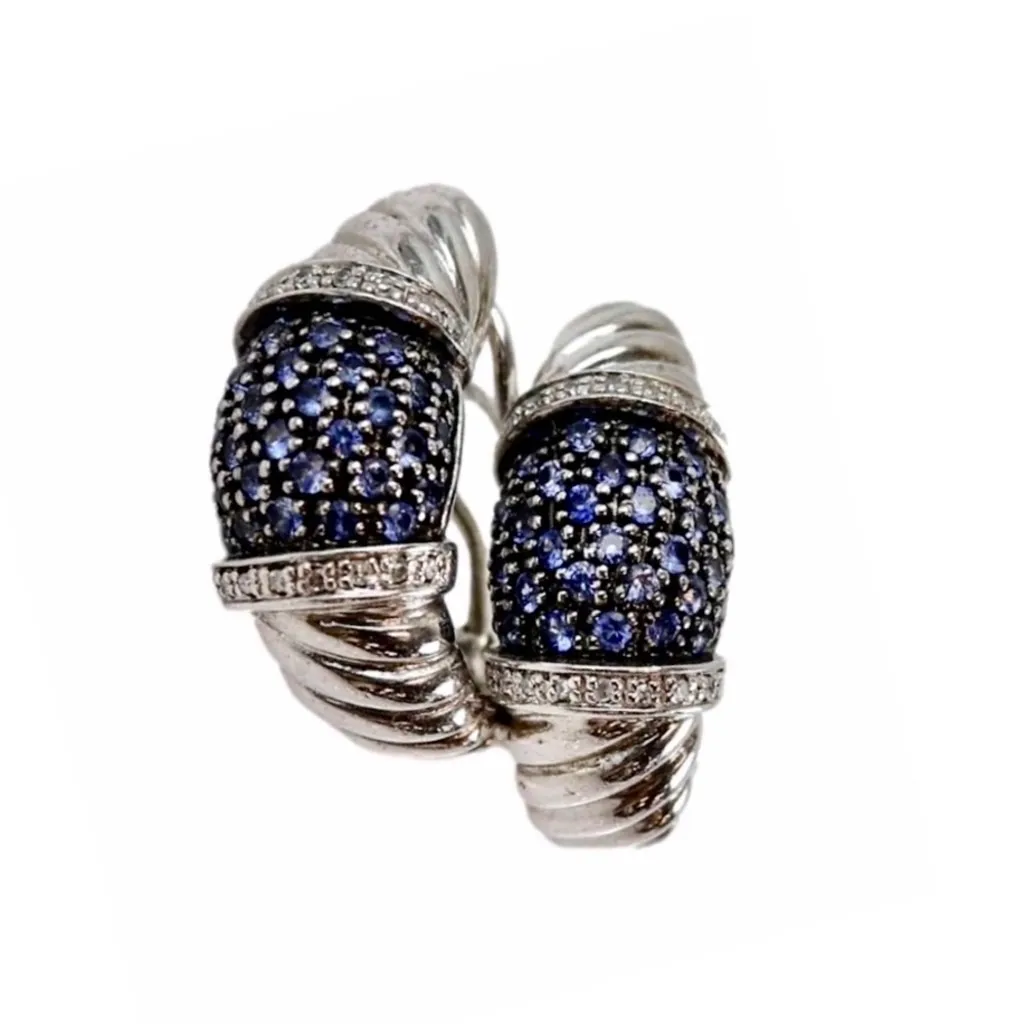 Blue Sapphire Diamond Accented Omega Back Sterling Silver Cable Design Earrings - Image 4