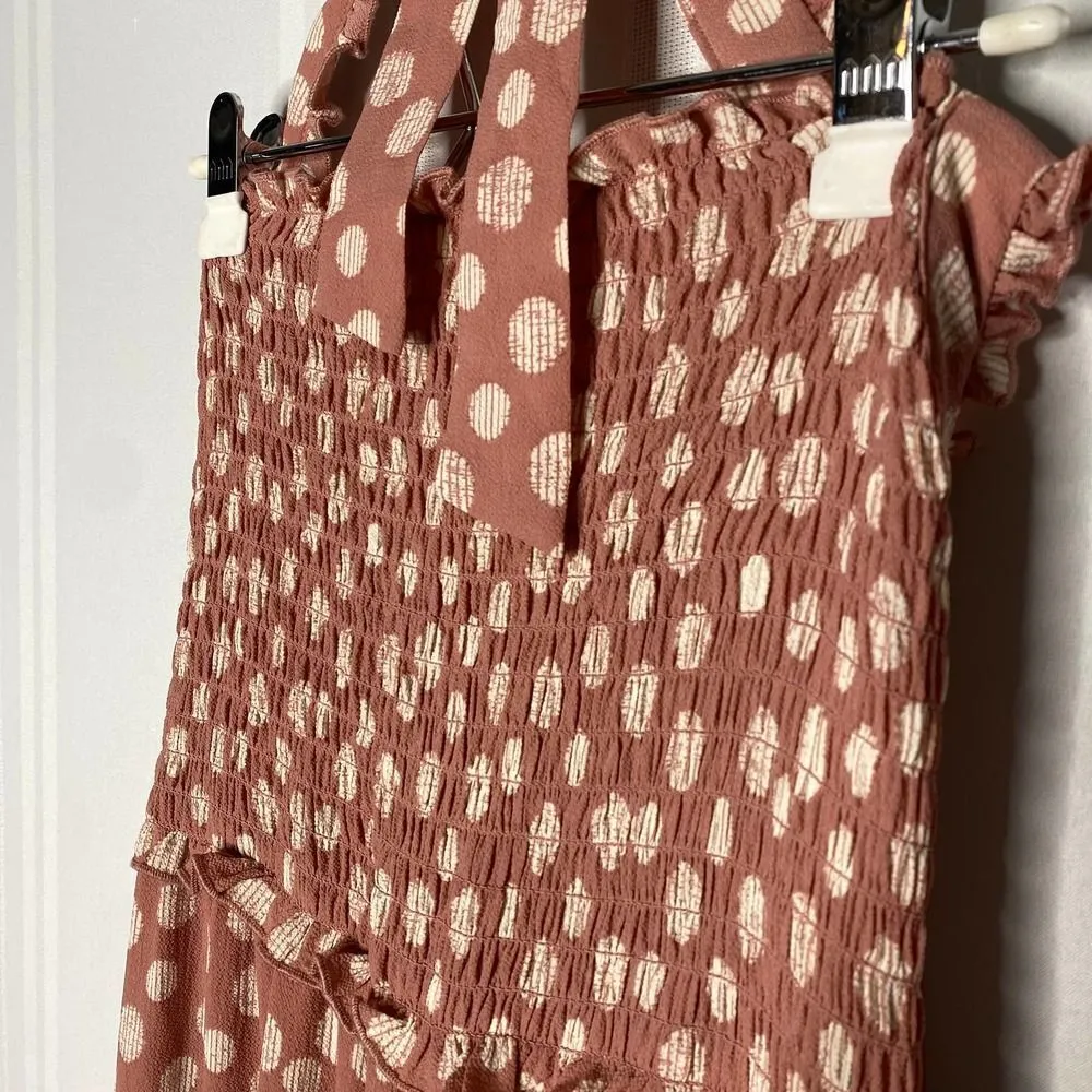 Candie's Smocked Sleeveless Polka Dot Halter Tie Jumpsuit Large Pink White New - Image 4