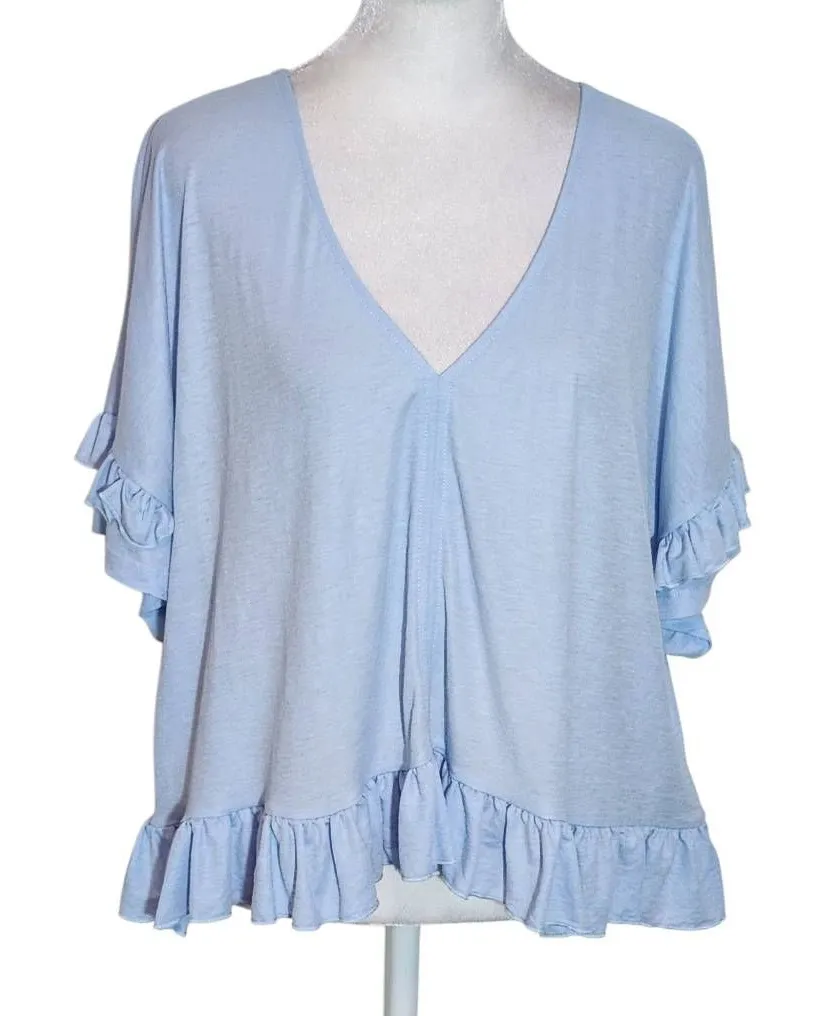 Bishop + Young Light Blue Cropped V-Neck Top with Ruffle Trim Size Large - Image 1