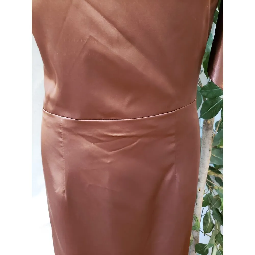 Hebeos Long Maxi Dress Womens Medium Brown Formal Bow Satin One Shoulder Off - Image 12