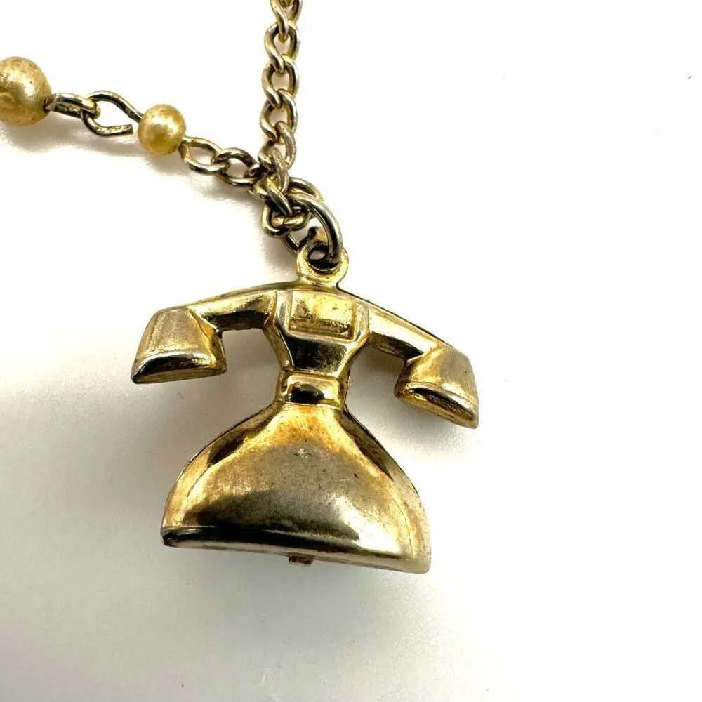 Vintage telephone pendant faux pearl choker necklace Gold - Image 8