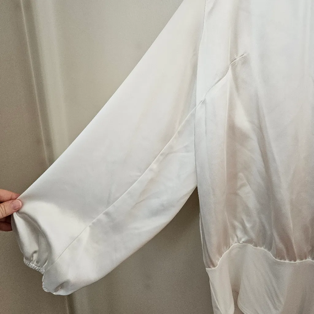 On 34th Bodysuit Chic White Satin Blouse One Piece Long Sleeve V - Image 4