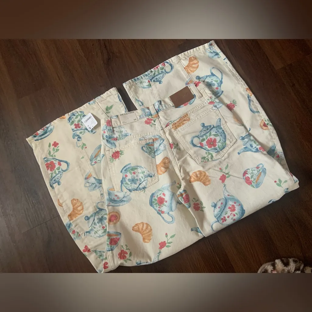 We The Free Eden Printed High 
Flare Jeans playful brunch teapot rare casual nwt - Image 5