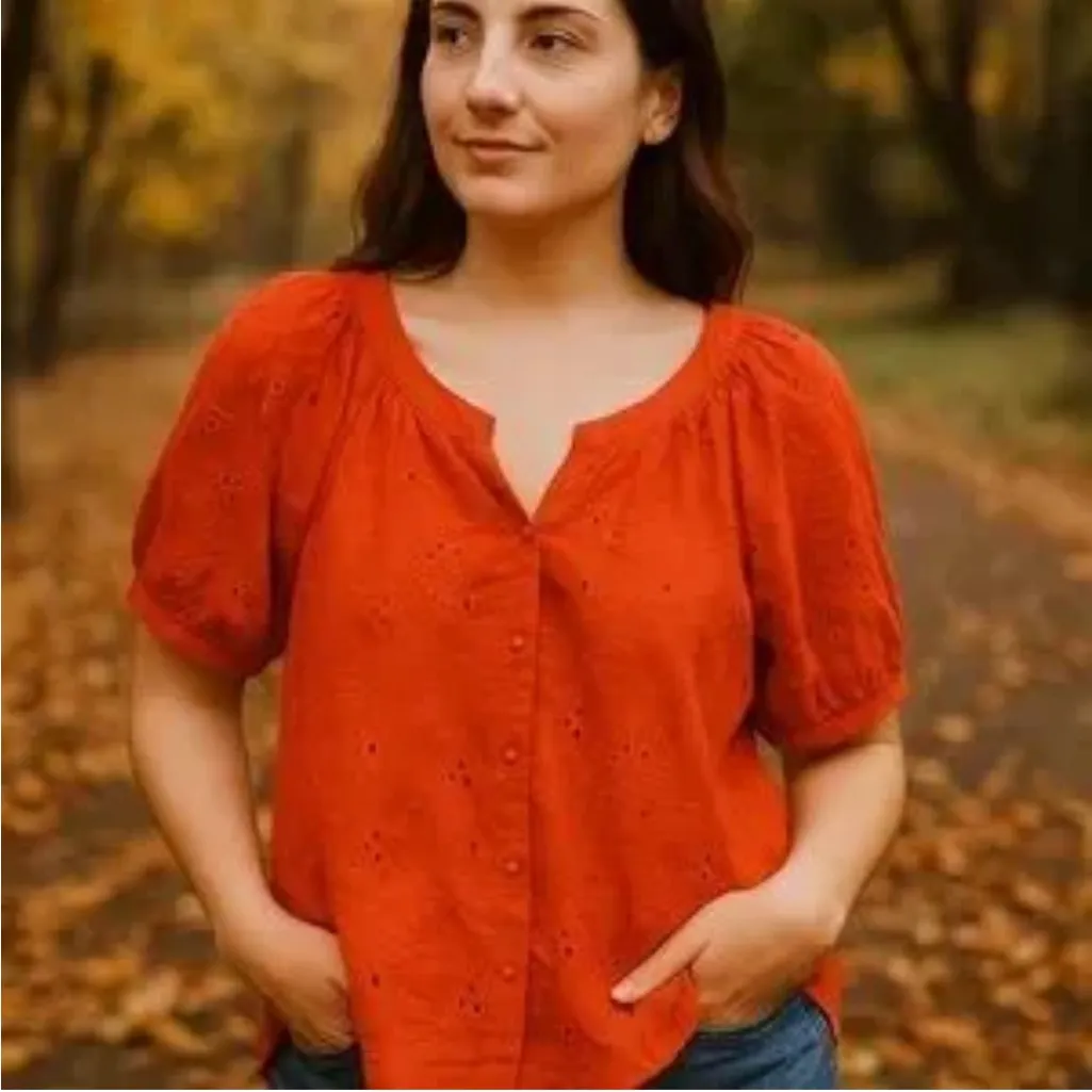Calypso St. Barth Burnt Orange Eyelet Puffed Sleeve Button Down Cotton Blouse M - Image 8