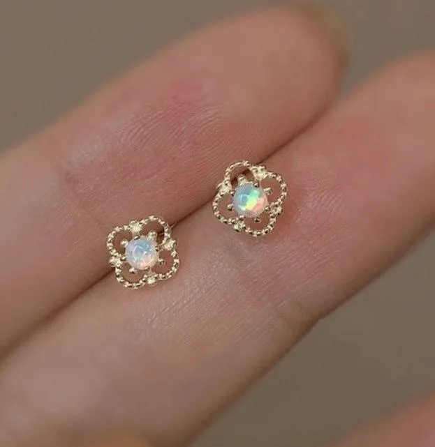 18K Gold Plated Hollow Mini Small Opal Stud Earrings for Women - Image 3