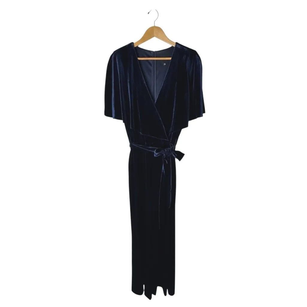 Alex Marie Jumpsuit Women 18 Navy Blue Velvet Cape Sleeves Belted‎ Wide Leg Beth - Image 3