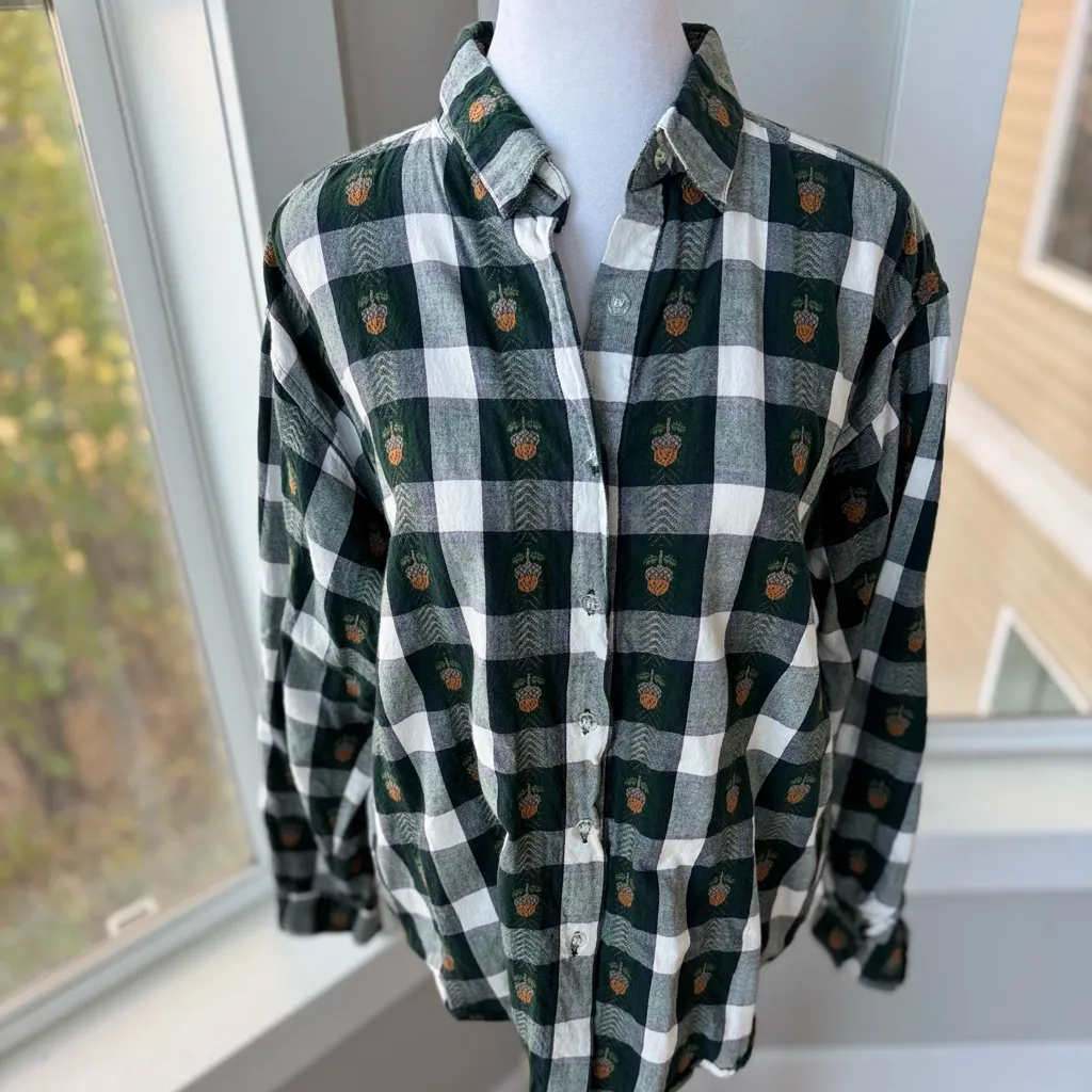 Vintage Maggie & Max Forest Green White Woven Plaid Embroidered Acorn Shirt PL Size L - Image 2