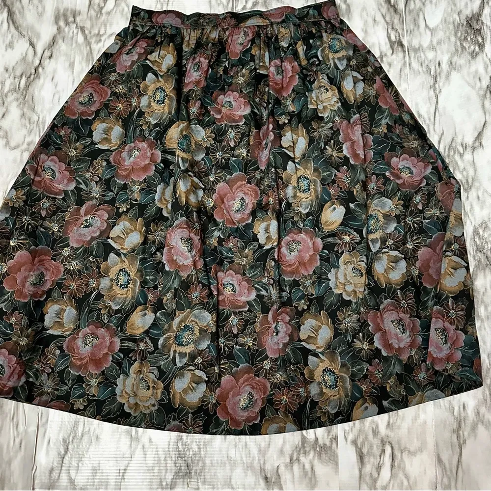 Teal and Gold Midi Floral Skirt And Top Peacock Embellishment Dolman Sleeve 80s Blue Size L - Image 10