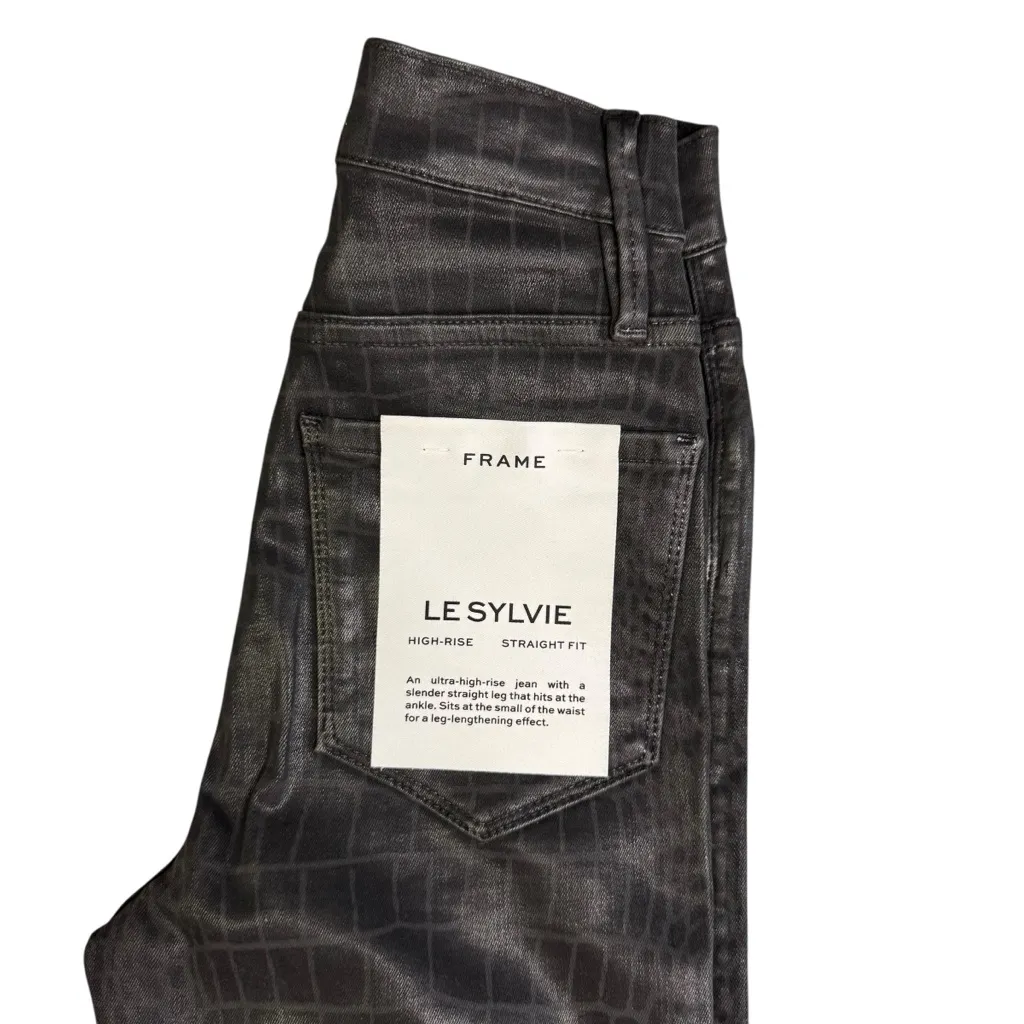 FRAME Faux Leather Pants Le Sylvie Black Croc Embossed HighRise Straight Fit - Image 7