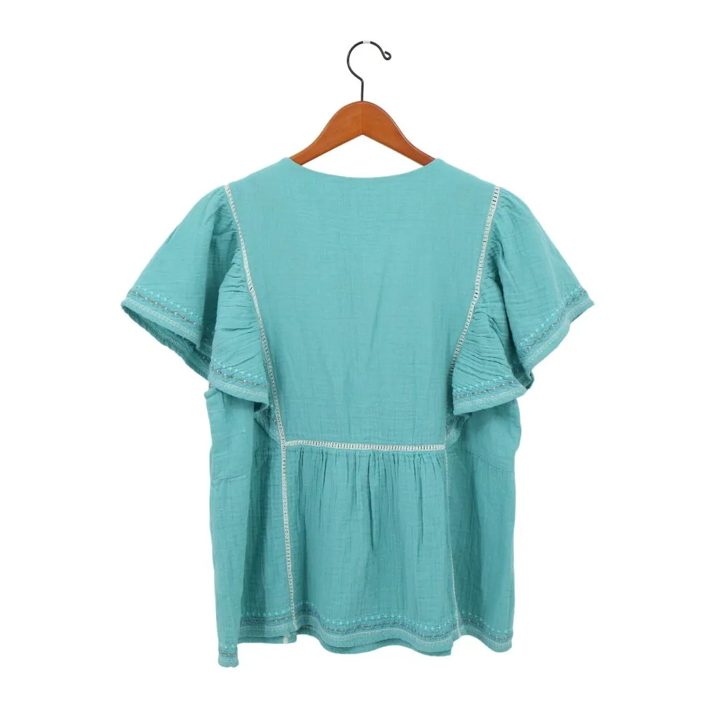 Sundance Charming Days Floral Embroidered Beaded Gauze Tassel Tie Top L Blue Size L - Image 5