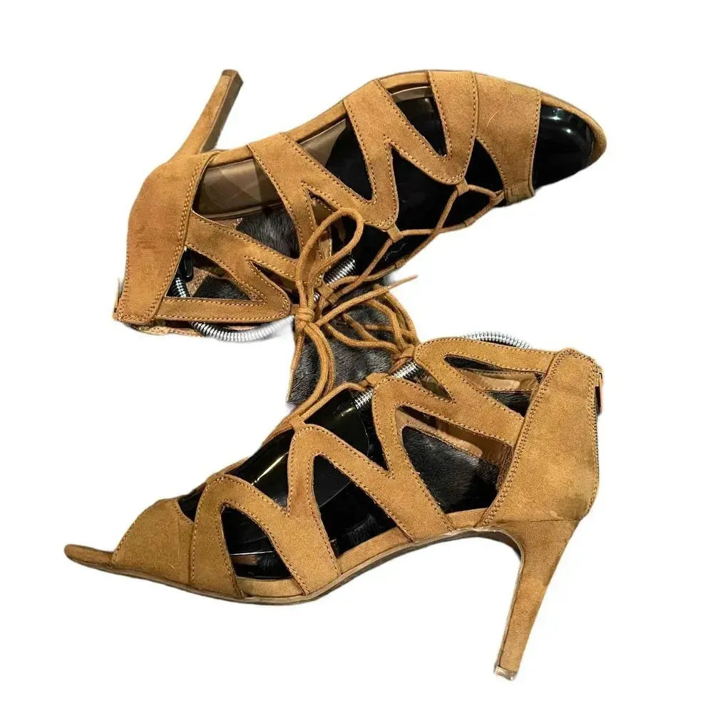 FERGALICIOUS By Fergie Suede‎ Lace-Up Cut-Out Details Peep Toe Heels Size 9.5 - Image 2