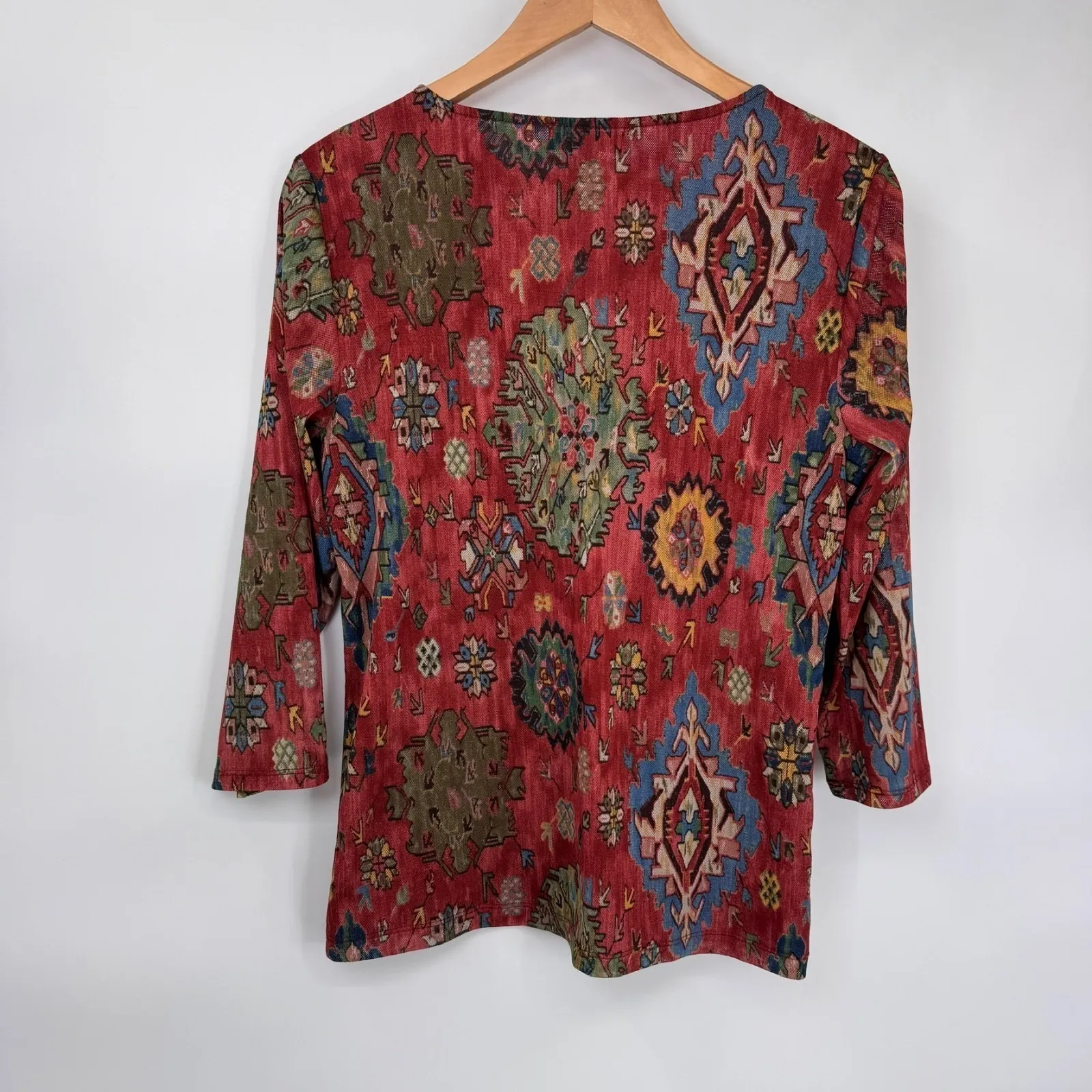 Chaps Top Woments XL Orange Red Polyester Layered Sheer Sleeves Western Aztec - Image 6