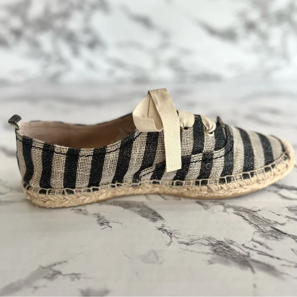 Kate Spade Lina Espadrille Flats Striped Metallic Black Beige Jute 8.5 Canvas - Image 13