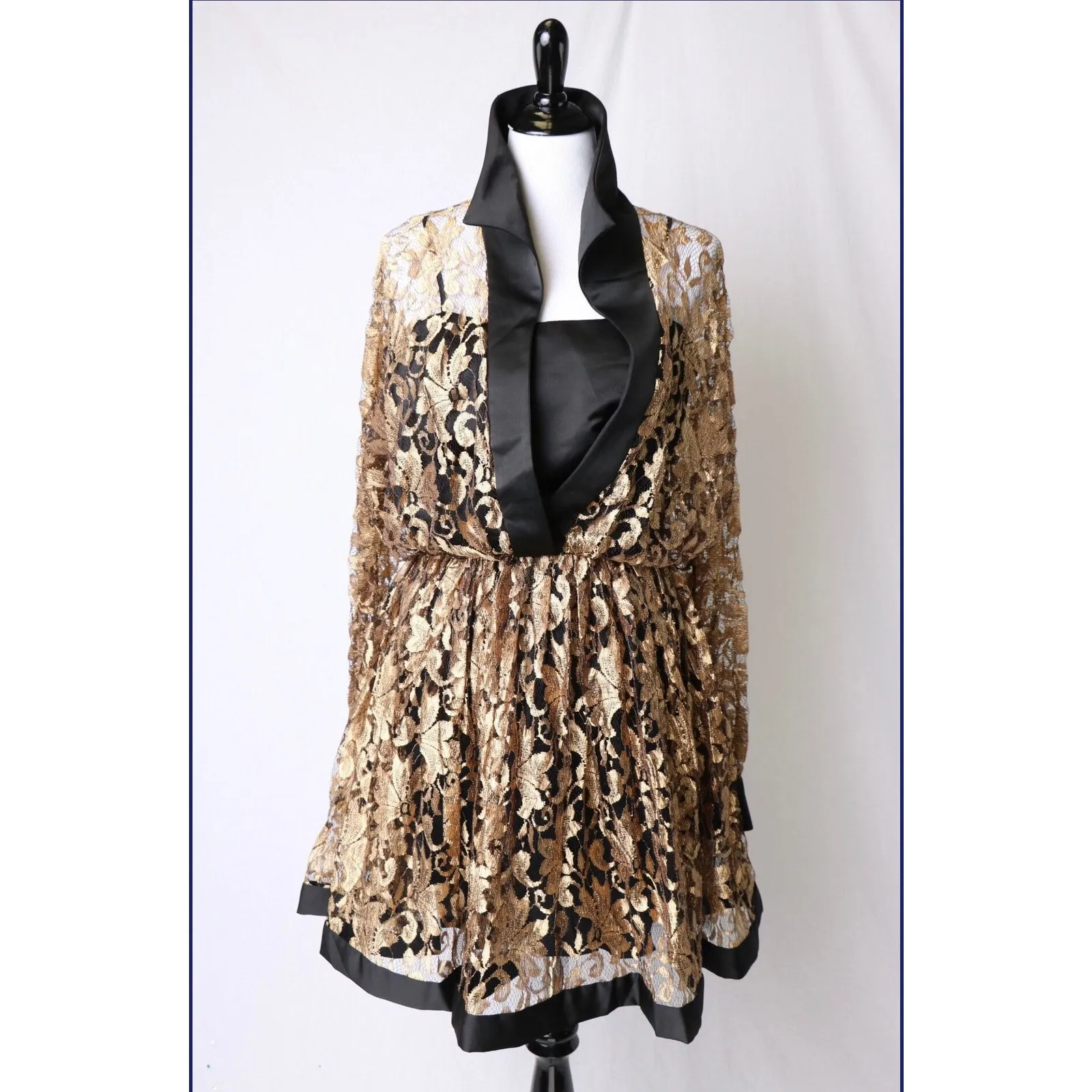 Oleg Cassini BlackTie II Antique Gold Lace and Black Shirt Dress Medium - Image 8