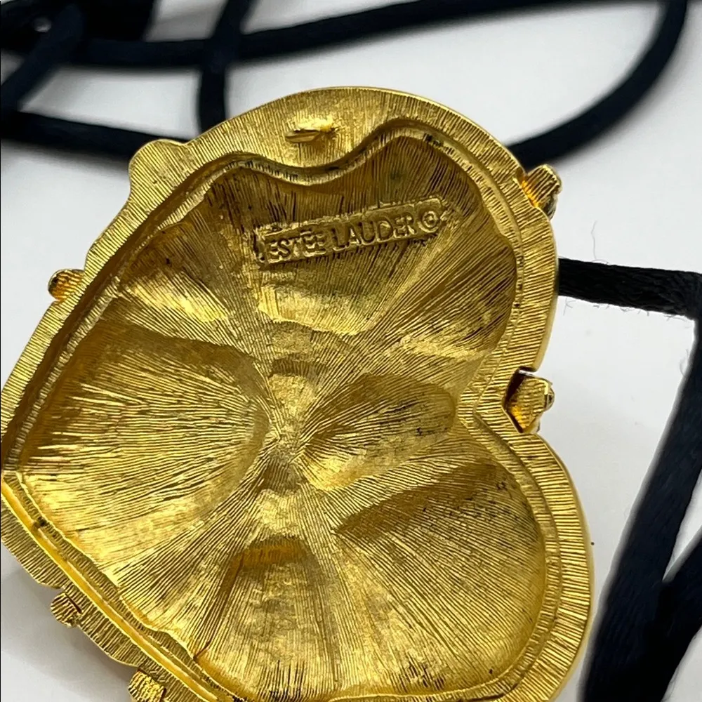 Vintage Estee Lauder Solid Perfume Compact, Chained Heart Black Satin Necklace - Image 11