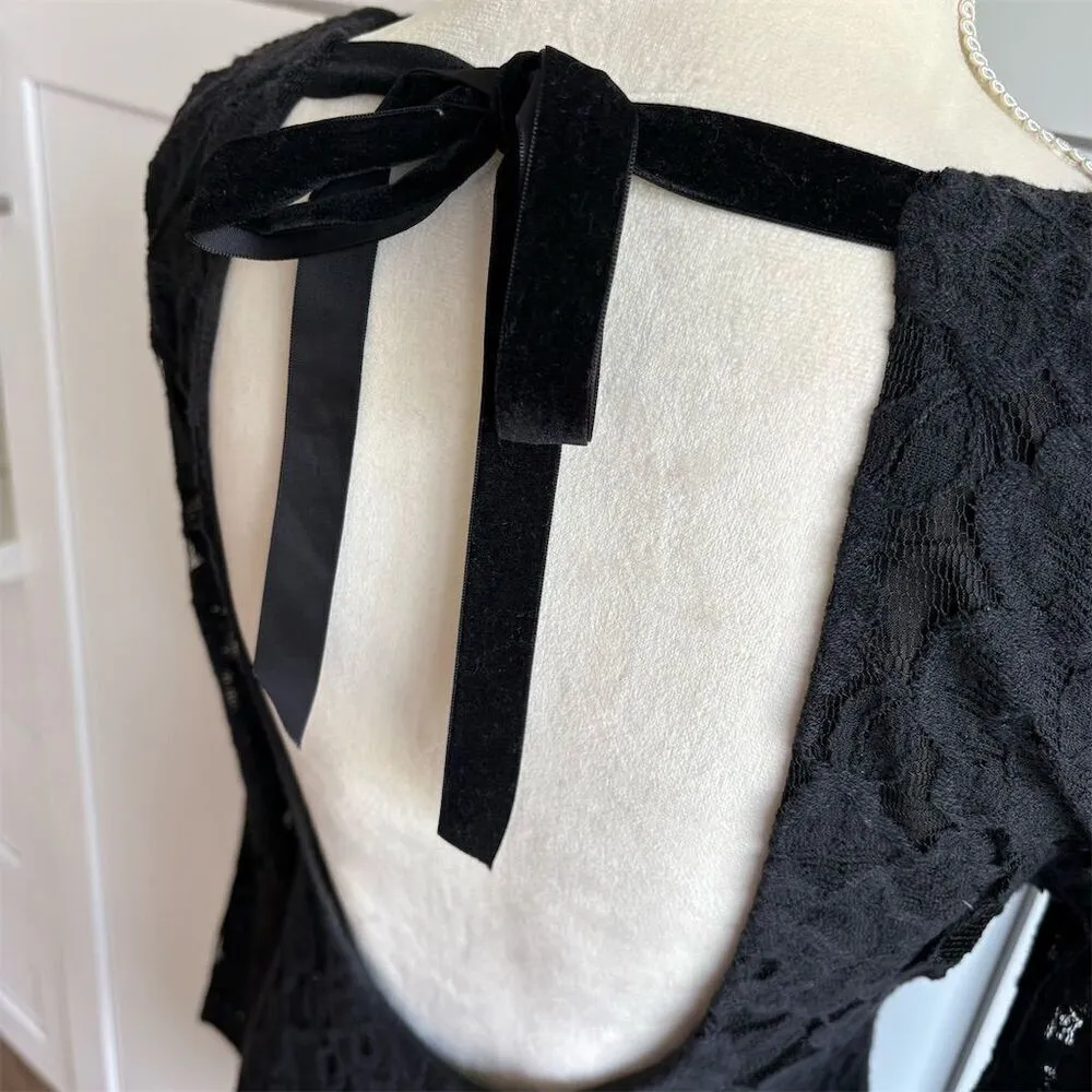 MM Couture Miss Me Black Lace Sheath Dress S Open Back Bow Detail Party Cocktail - Image 6