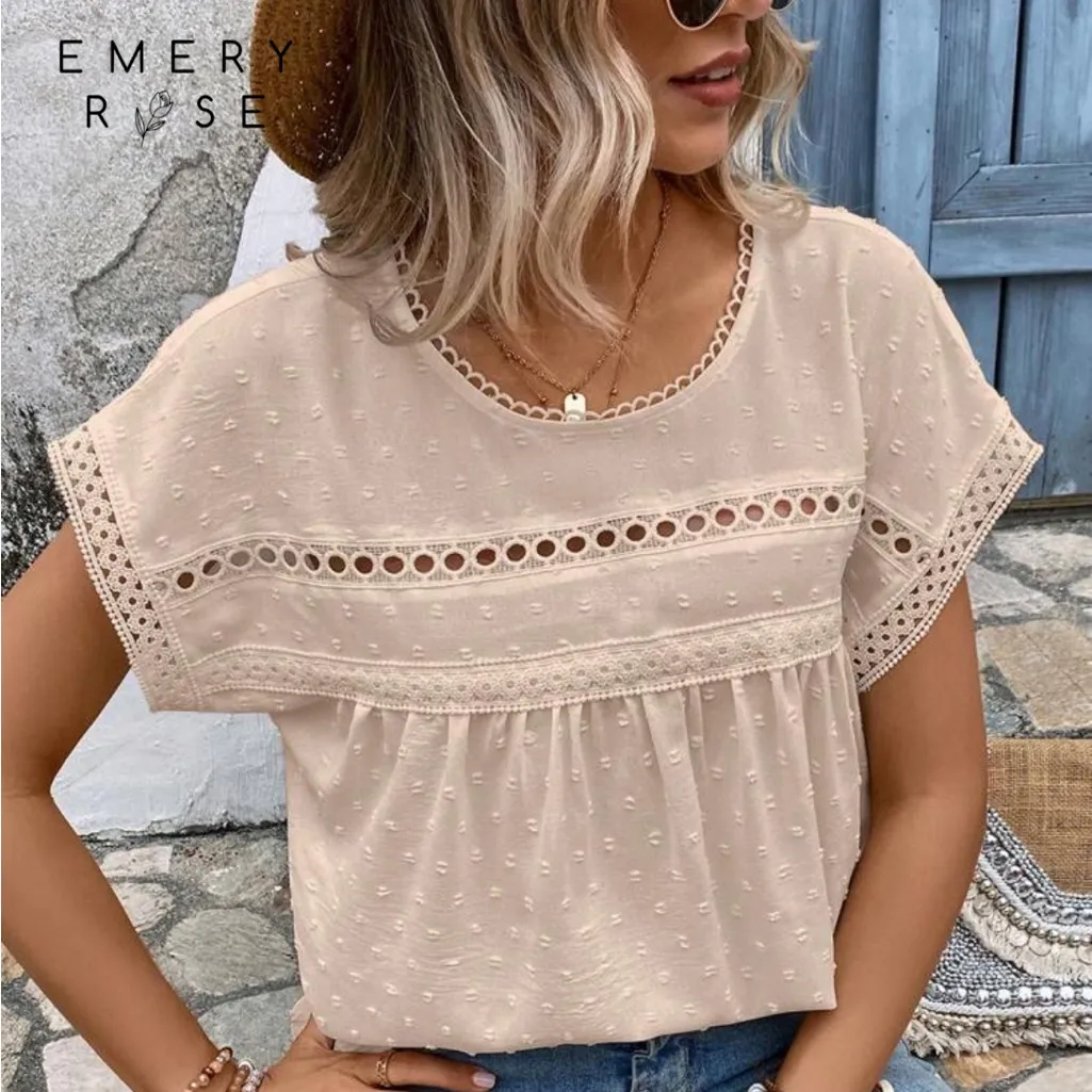 EMERY ROSE Swiss Dot Contrast Lace Dolman Sleeve Blouse - Image 2