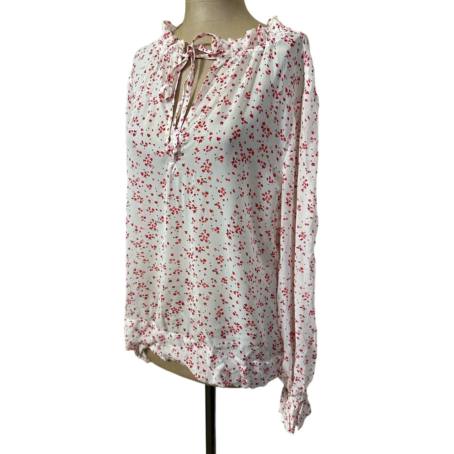GANNI Blouse Long Sleeve Red Floral Cream Crepe Georgette Ruffle Collar - Image 6