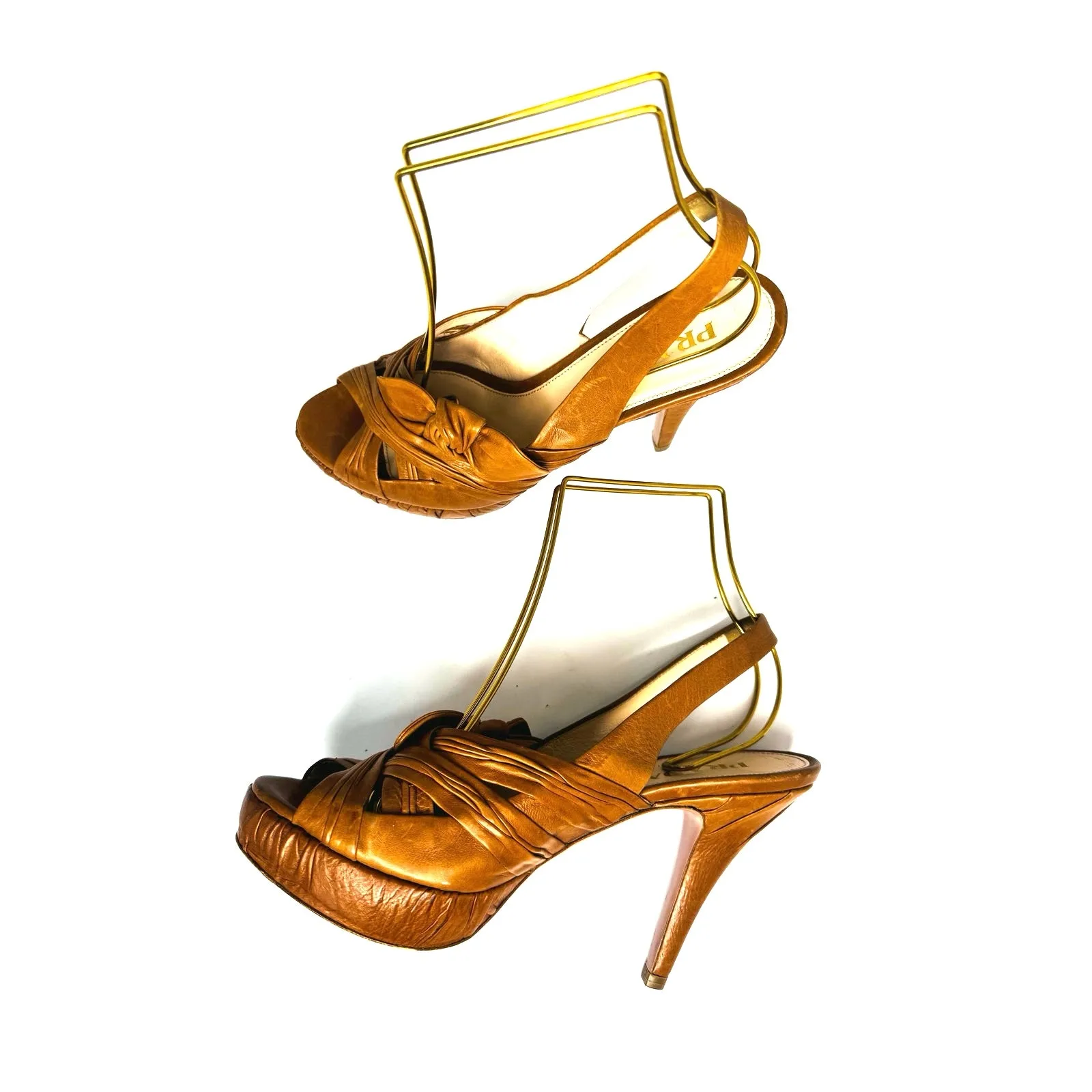 Prada Tan Leather Slingback Heels Size 36 Knotted Platform Sandals - Image 10