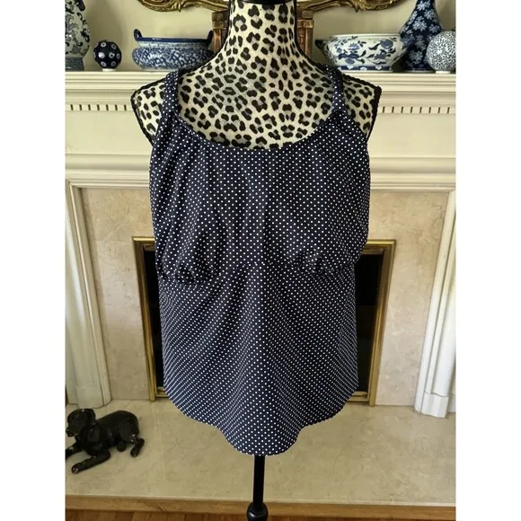 Lands End Swimsuit Tankini Top Size 26W Blue/White Polka-Dot Halter Cross Back - Image 2