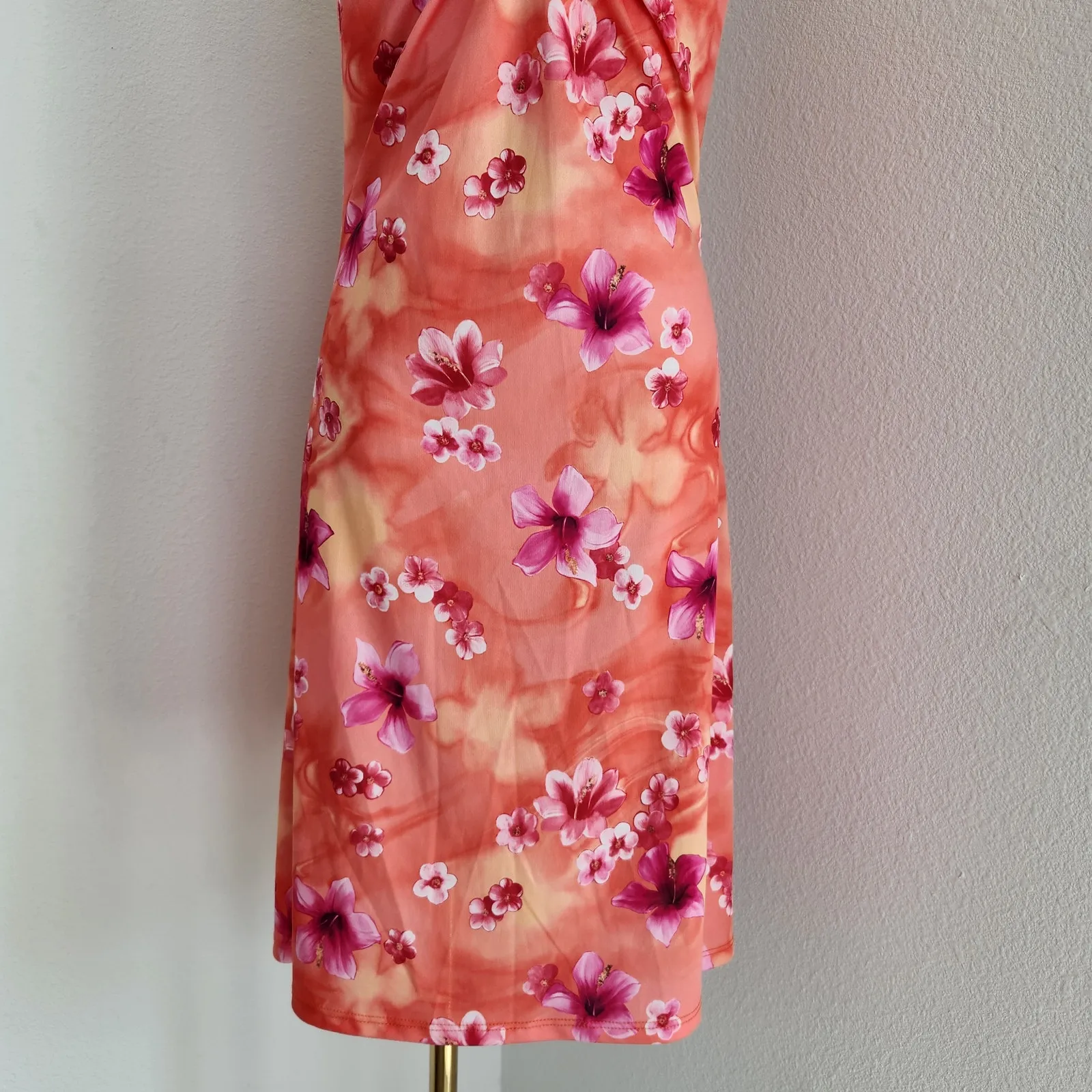 Y2K Orange Pink Floral Ring Front Sleeveless Mini Dress Vintage Tropical XS - Image 3