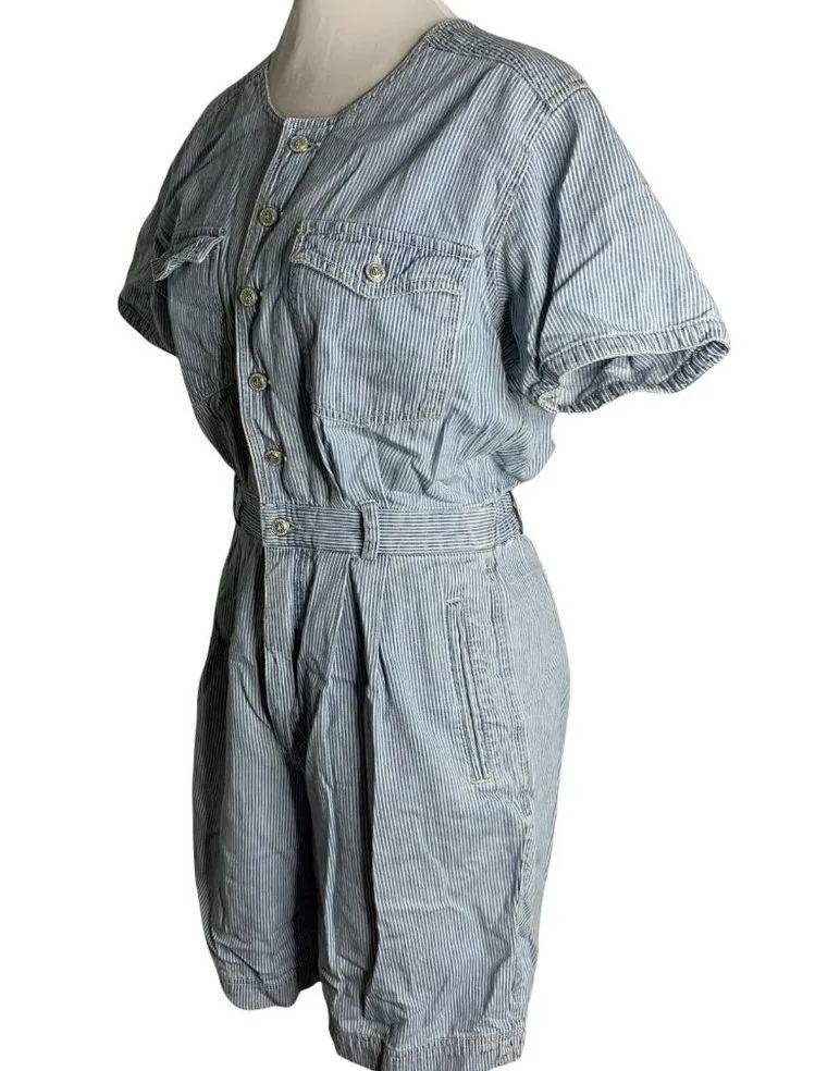 Vintage Gloria Vanderbilt Denim Romper M Blue Striped Buttons Pockets Elastic - Image 4